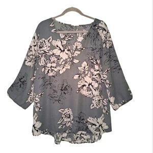 Maurices Gray Floral Sheer Zip Neck Blouse Plus Size XXL